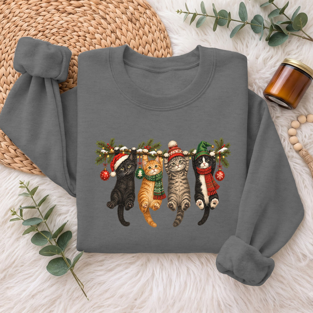 Hanging Cats Christmas Sweatshirt, Cute Kitty Holiday Sweater, Xmas