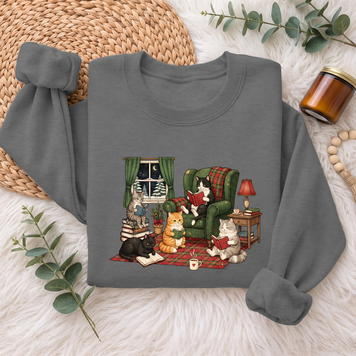 Cozy Reading Cats Sweatshirt, Cute Cat Books Holiday Sweater, Xmas
