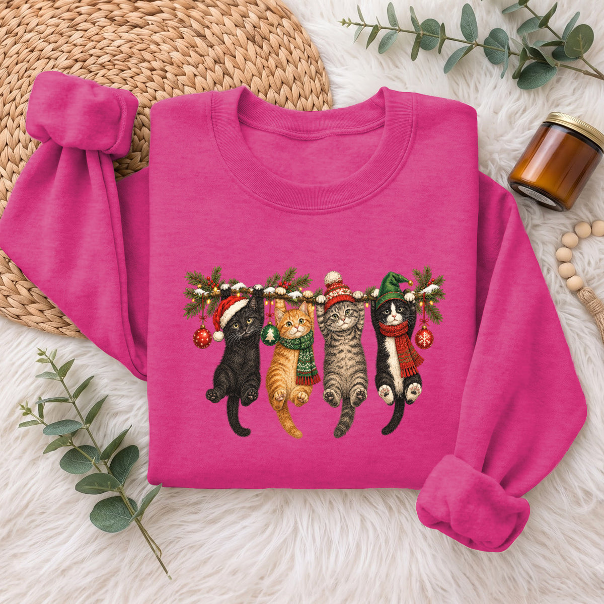 Hanging Cats Christmas Sweatshirt, Cute Kitty Holiday Sweater, Xmas