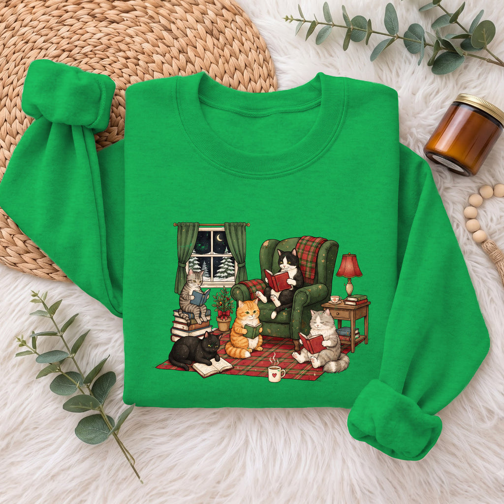 Cozy Reading Cats Sweatshirt, Cute Cat Books Holiday Sweater, Xmas