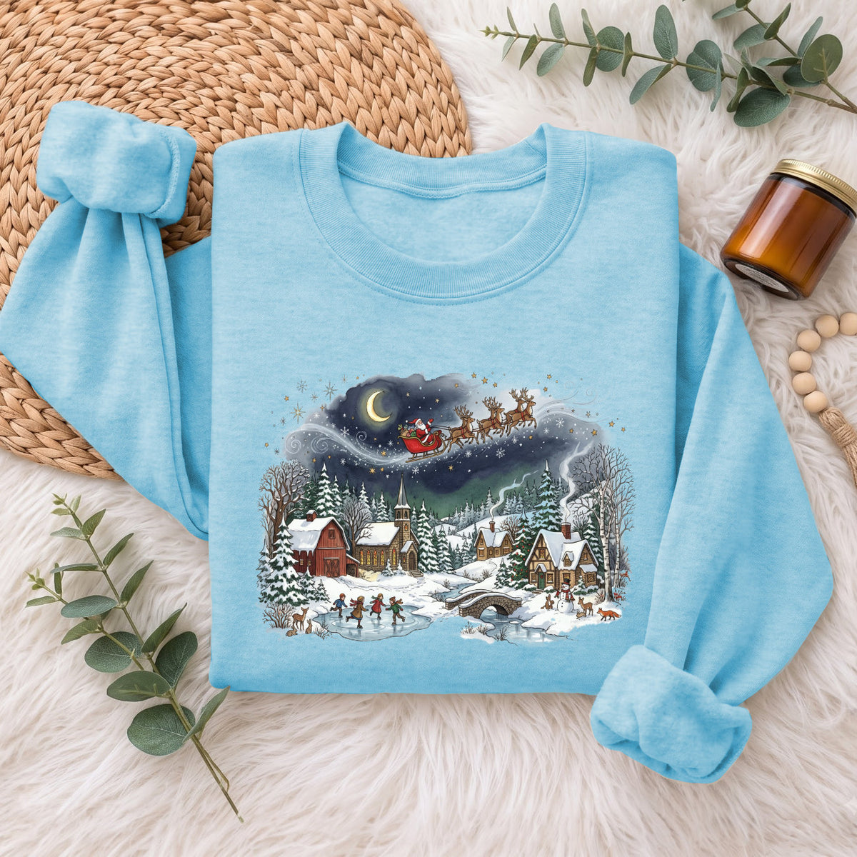Santa Sleigh Winter Village Christmas Sweatshirt, Holiday Top