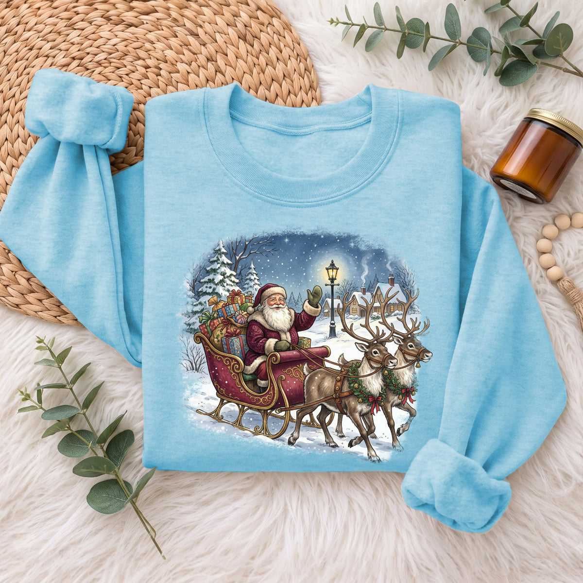 Santa Sleigh Reindeer Christmas Sweatshirt, Xmas Holiday Sweater