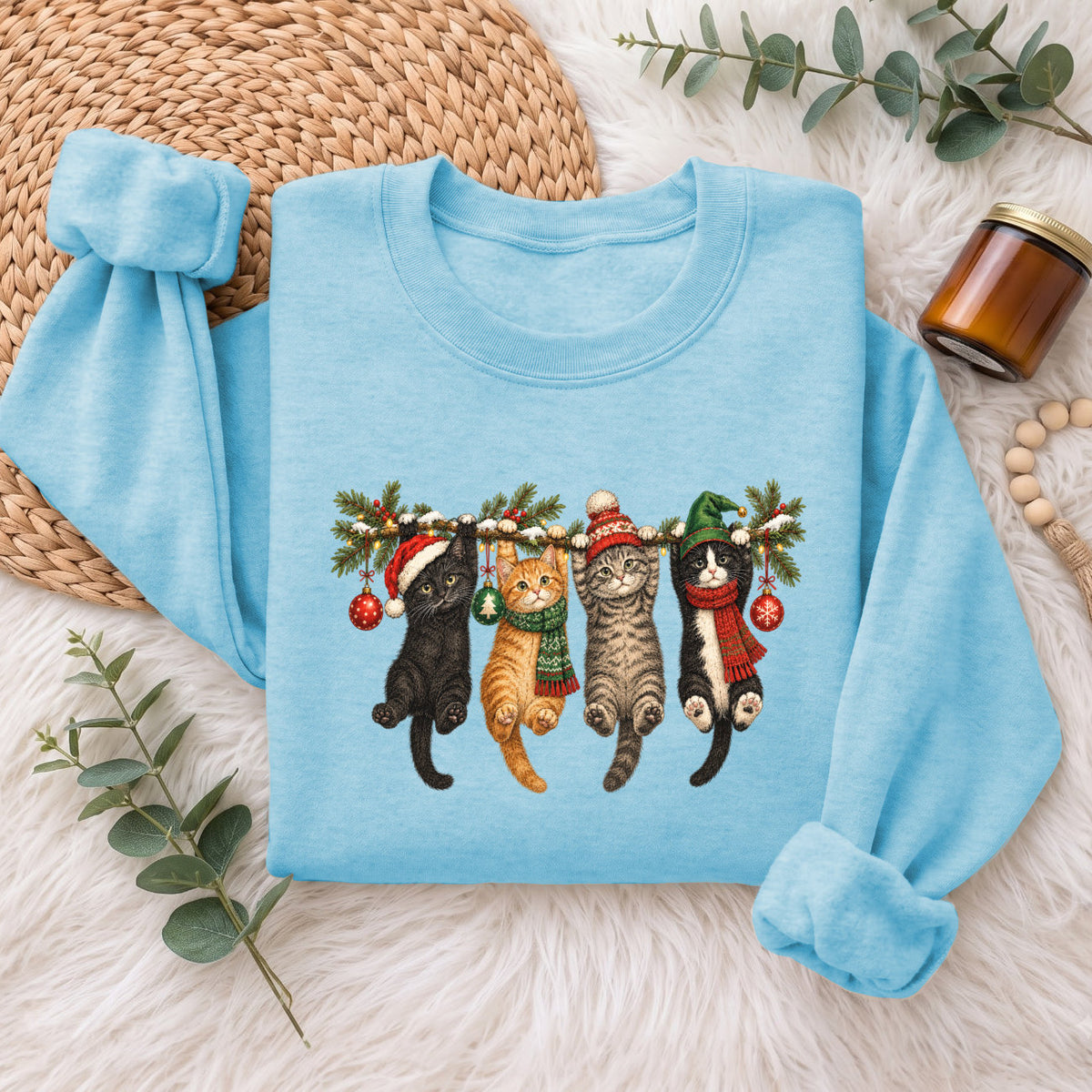 Hanging Cats Christmas Sweatshirt, Cute Kitty Holiday Sweater, Xmas