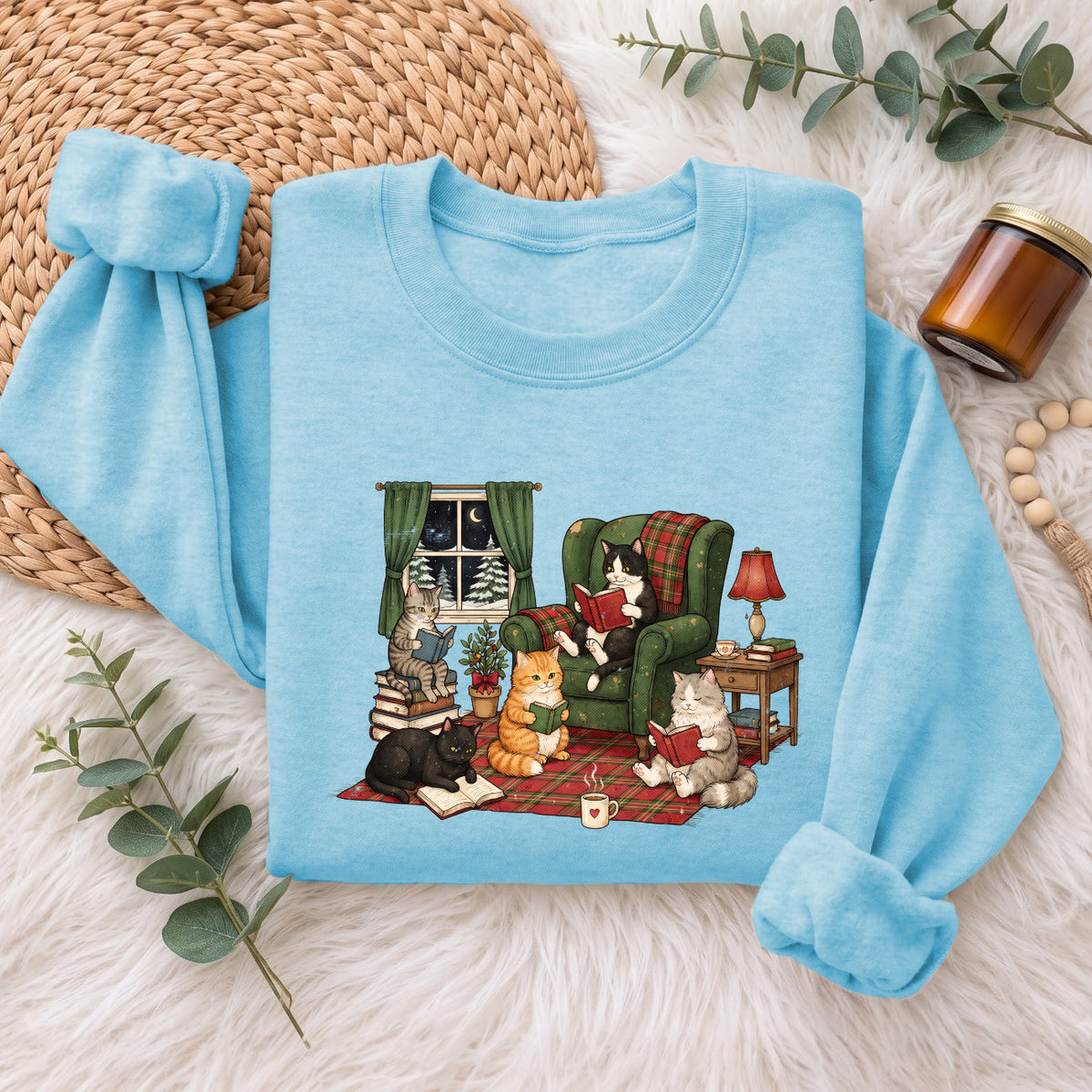 Cozy Reading Cats Sweatshirt, Cute Cat Books Holiday Sweater, Xmas