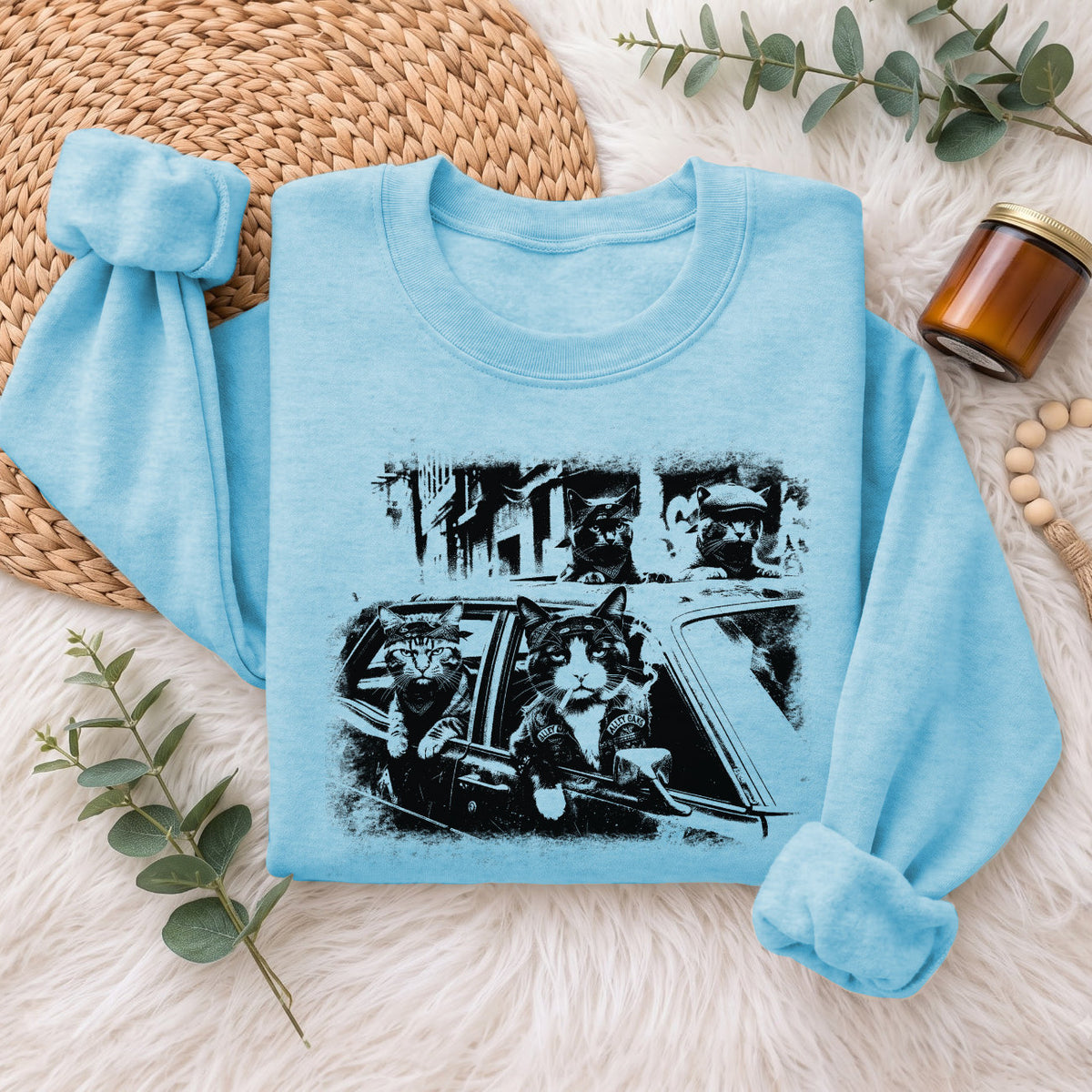 Gangster Cats in Car Sweatshirt, Funny Cat Retro Graphic Top