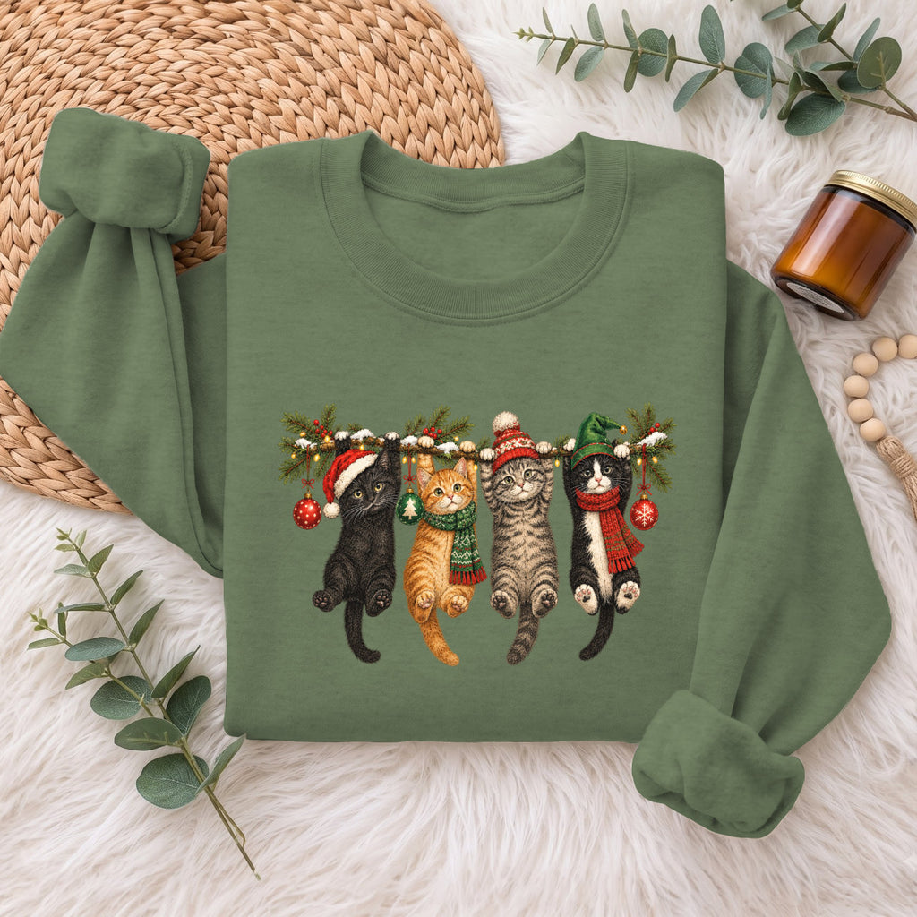 Hanging Cats Christmas Sweatshirt, Cute Kitty Holiday Sweater, Xmas