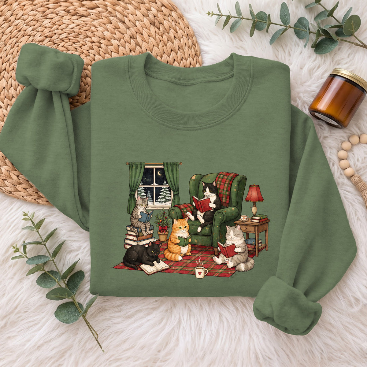 Cozy Reading Cats Sweatshirt, Cute Cat Books Holiday Sweater, Xmas