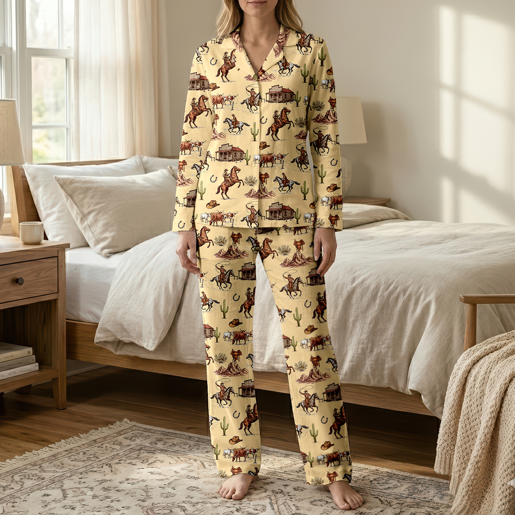 Vintage Western Rodeo Cotton Jersey Pajamas | Cowboy & Longhorn Pants Set S-5XL
