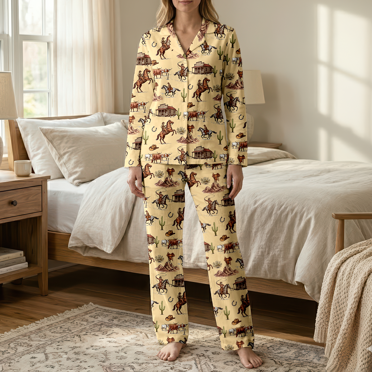 Vintage Western Rodeo Cotton Jersey Pajamas | Cowboy & Longhorn Pants Set S-5XL