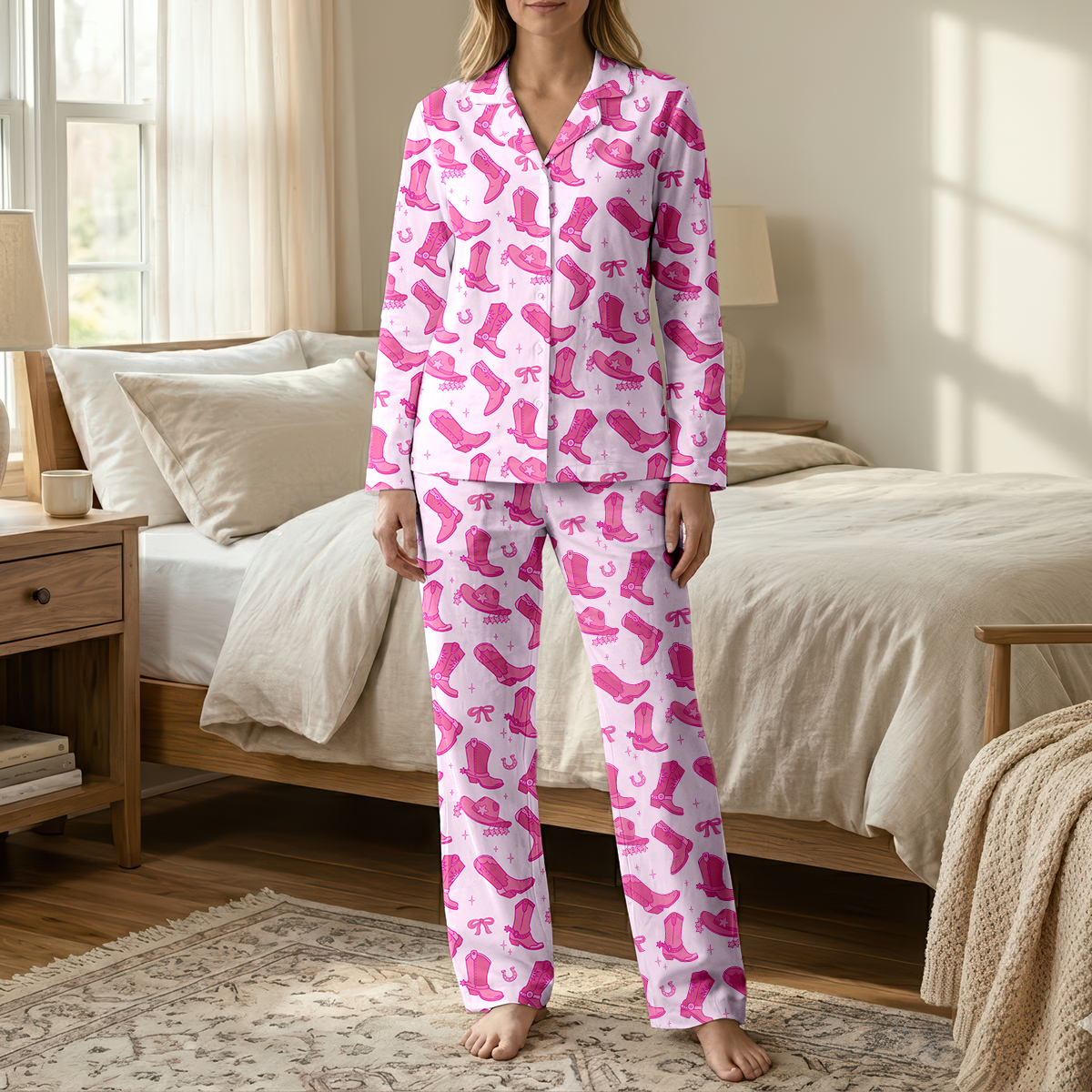 Pink Cowgirl Boots Cotton Jersey Pajamas | Western Country Pants Set S-5XL