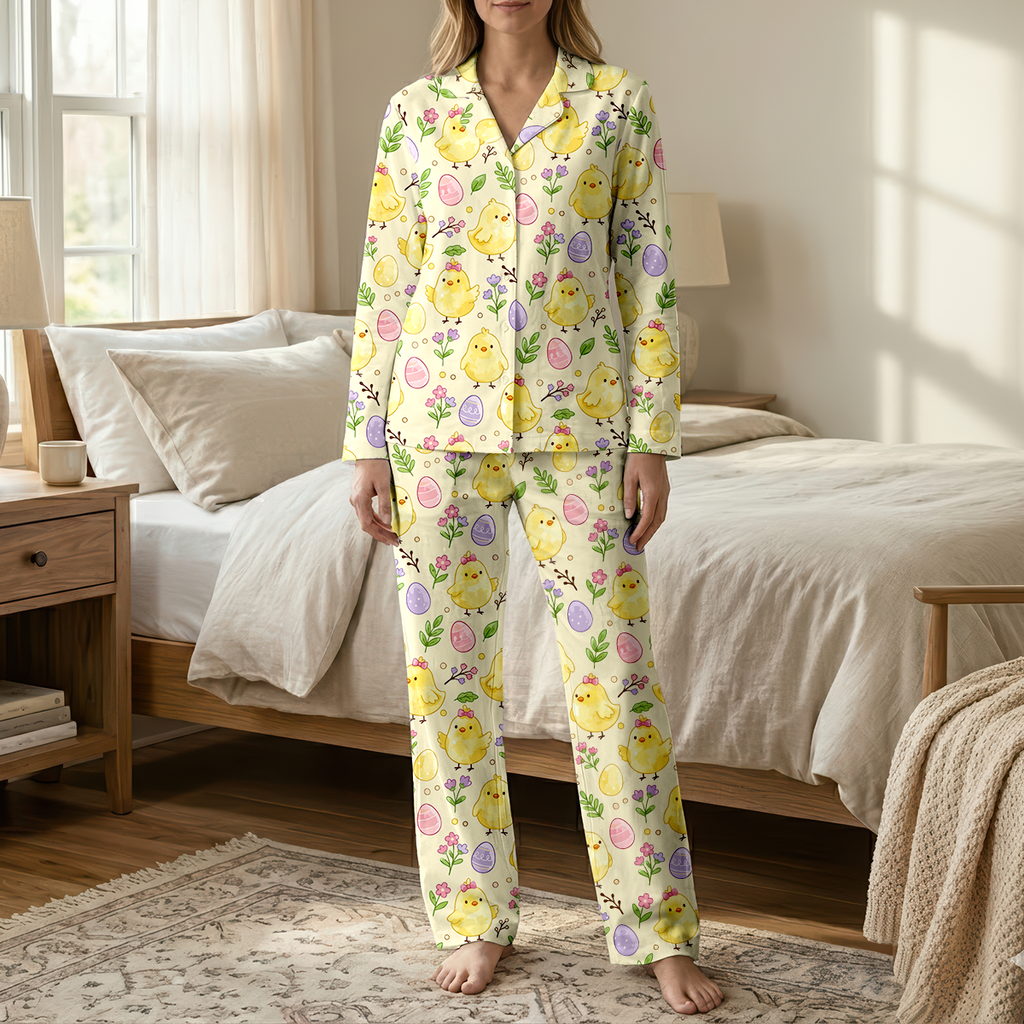 Cute Easter Chicks Cotton Jersey Pajamas | Spring Yellow Baby Chick Pants Set S-5XL