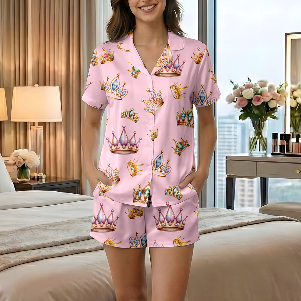 Cute Pink Princess Crown Pajamas for Women | Short Sleeve PJ Set with Pockets