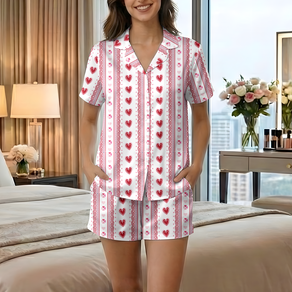 Women's Heart Print Pajama Set - Soft Short Sleeve Button Down PJ Set