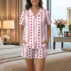 Women's Heart Print Pajama Set - Soft Short Sleeve Button Down PJ Set