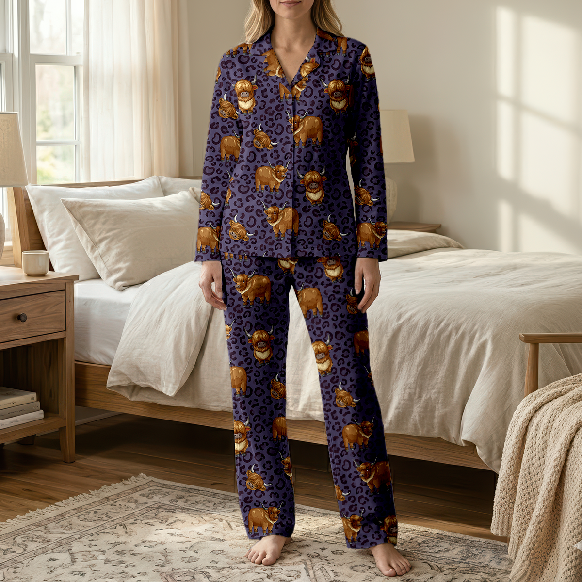Purple Leopard Highland Cow Cotton Jersey Pajamas | Western Animal Print Pants Set S-5XL