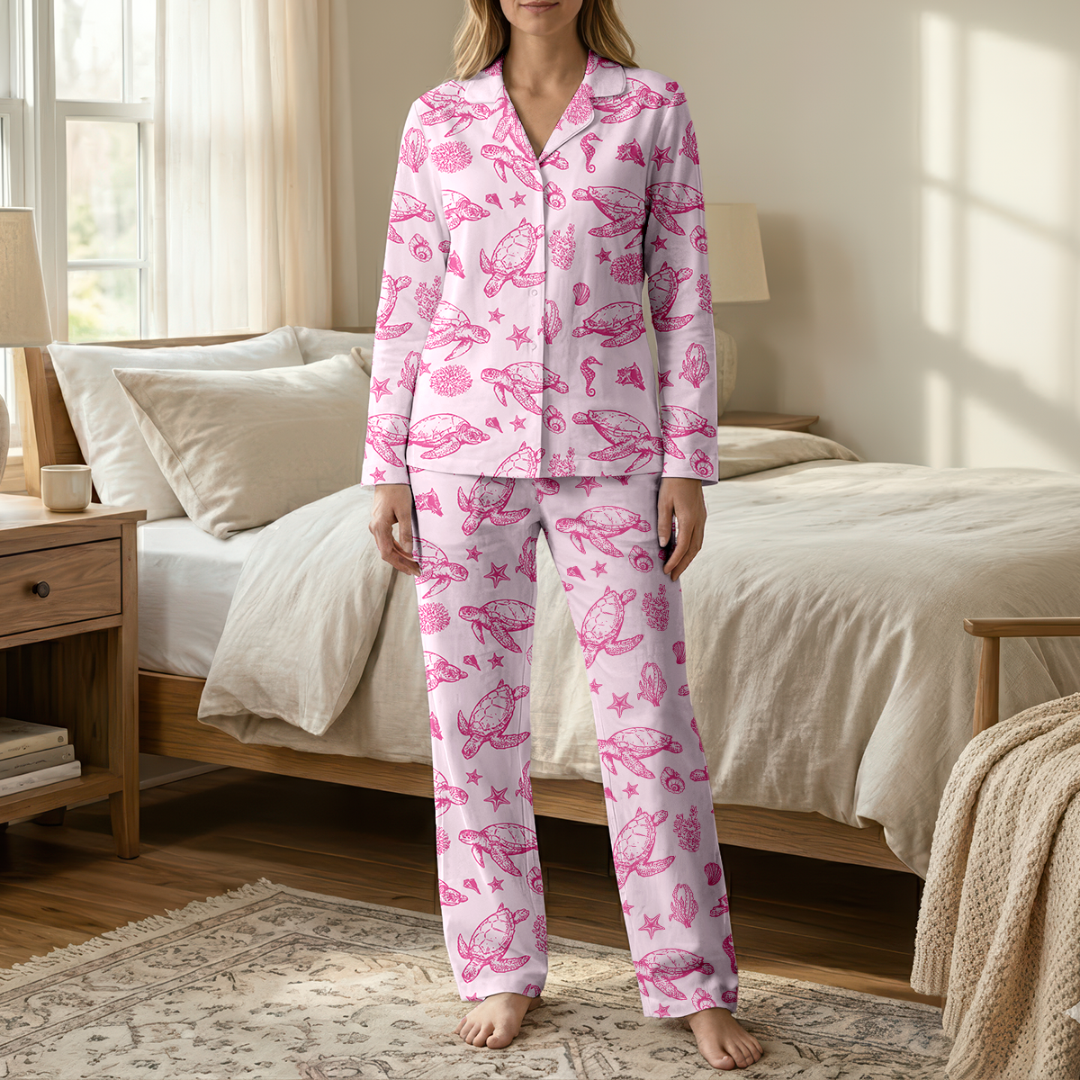 Nautical Ocean Life Cotton Jersey Pajamas | Blue Dolphin & Anchor Pants Set S-5XL