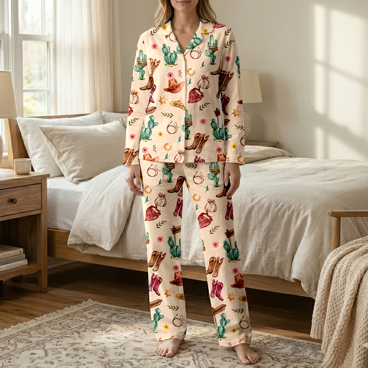 Western Cowgirl Cotton Jersey Pajamas | Pink Boots & Cactus Pants Set S-5XL