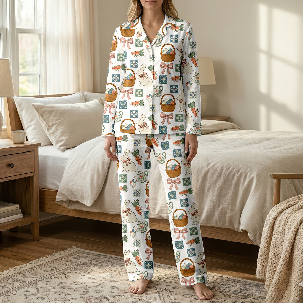 Easter Bunny & Eggs Women's Pajama Set - Soft Cotton Long Sleeve Sleepwear