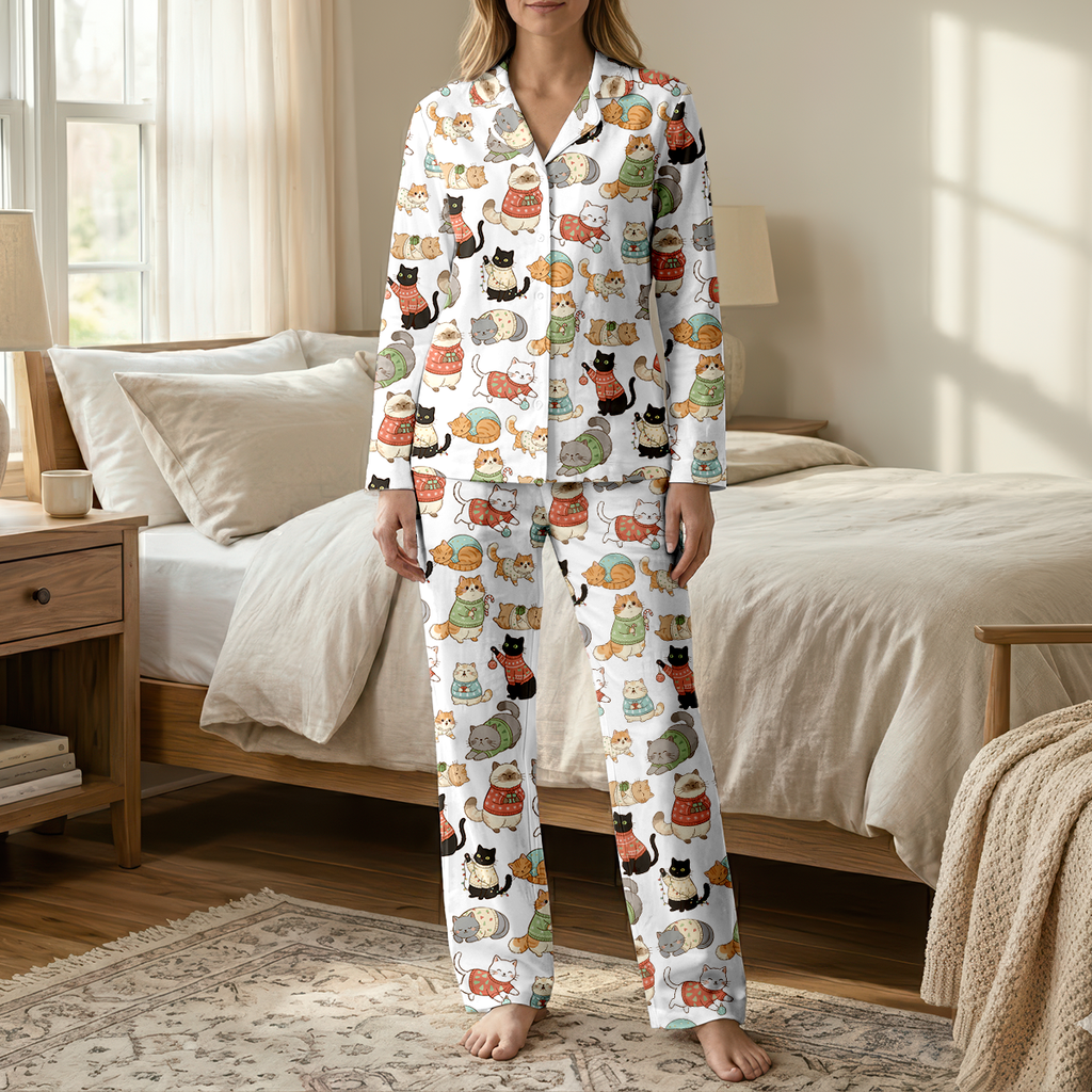 Cozy Christmas Cats Cotton Jersey Pajamas | Holiday Cat Sweaters Pants Set S-5XL