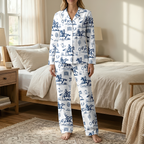 Blue Western Toile Cotton Jersey Pajamas | Vintage Cowboy Pants Set S-5XL