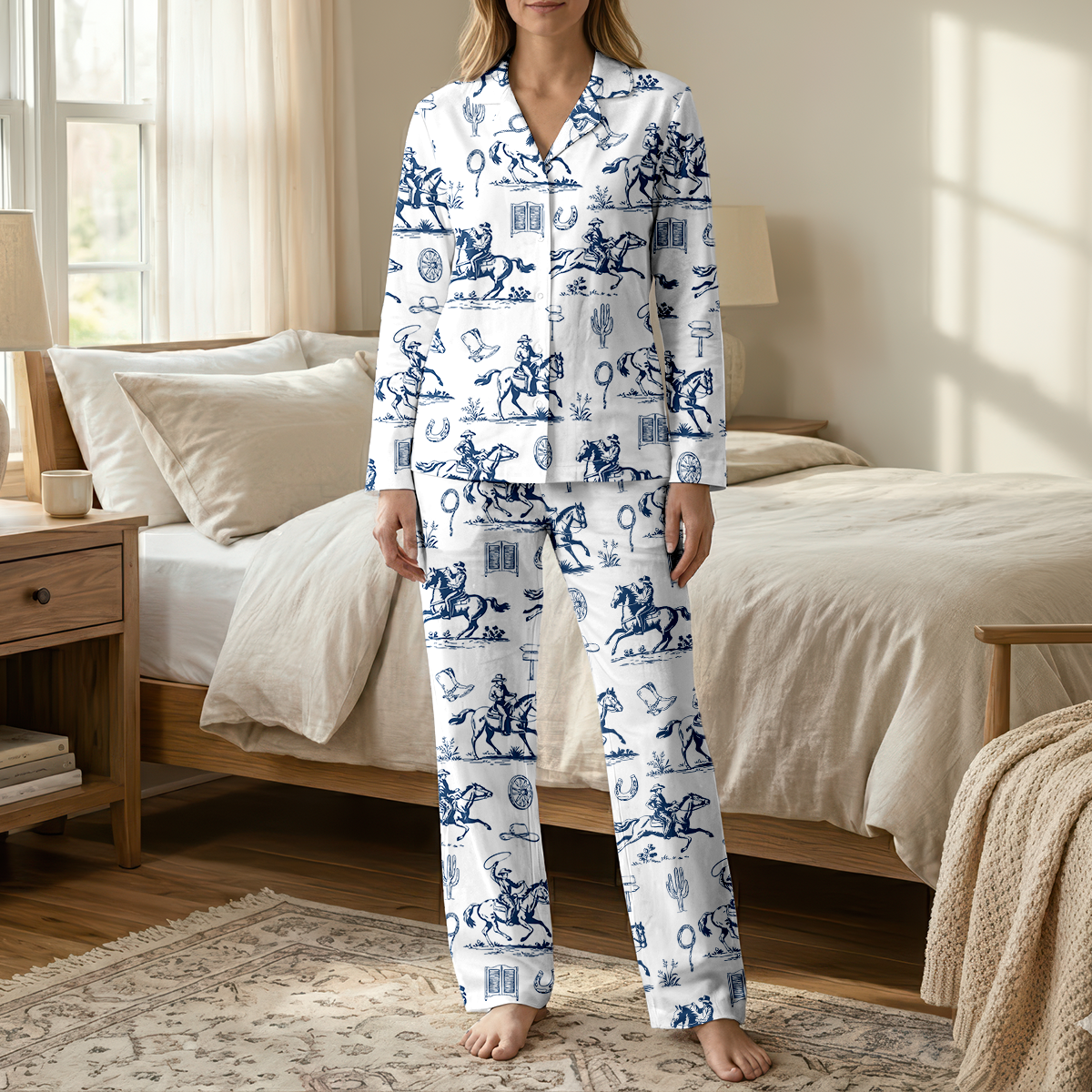 Blue Western Toile Cotton Jersey Pajamas | Vintage Cowboy Pants Set S-5XL