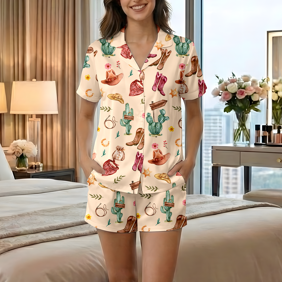 Western Cowgirl Cotton Jersey Pajamas | Pink Boots & Cactus Shorts Set