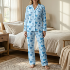 Blue Bows Cotton Jersey Pajamas | Coquette Ribbon Light Blue Pants Set S-5XL