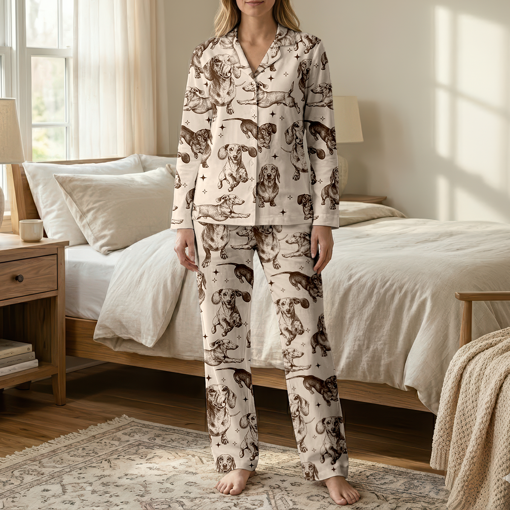 Vintage Dachshund Cotton Jersey Pajamas | Wiener Dog Long Sleeve Pants Set S-5XL