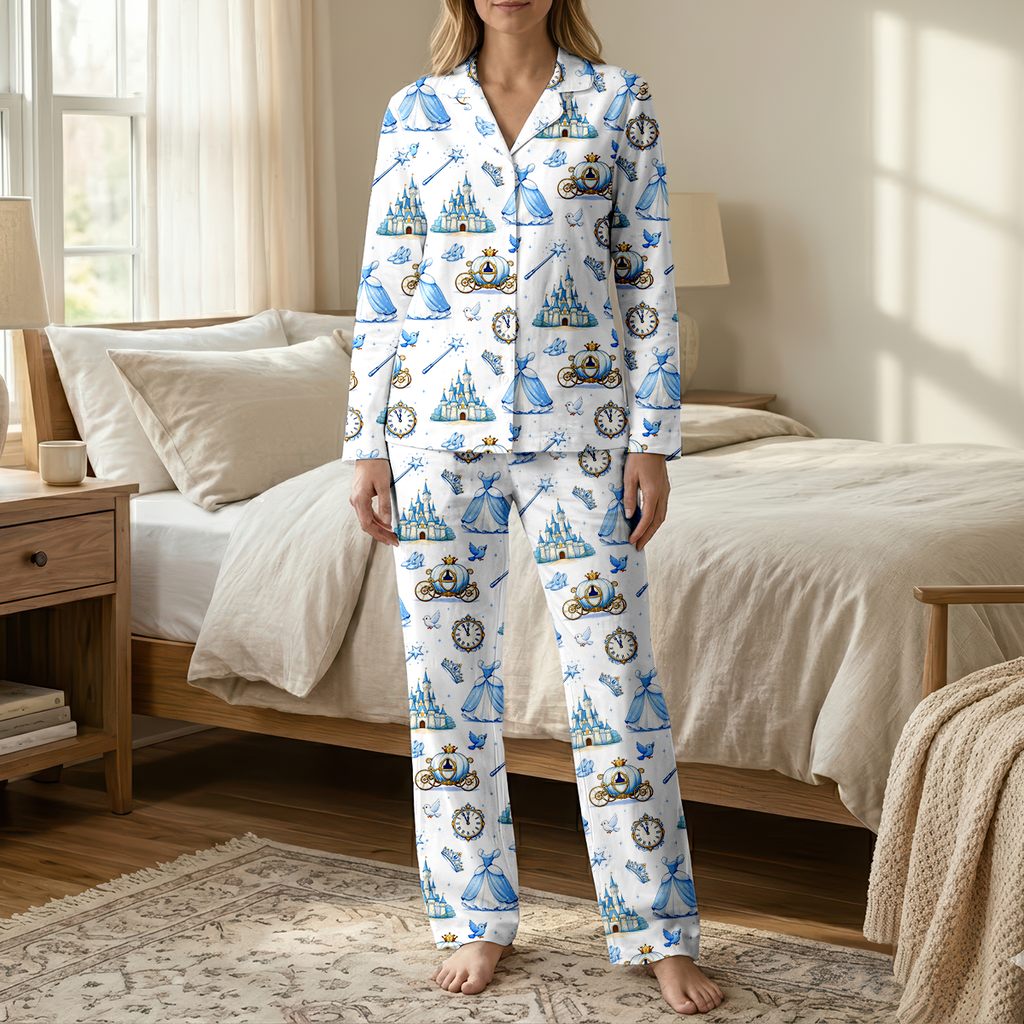 Cute Cinderella Fairytale Cotton Jersey Pajamas | Magic Castle Long Pants Set S-5XL
