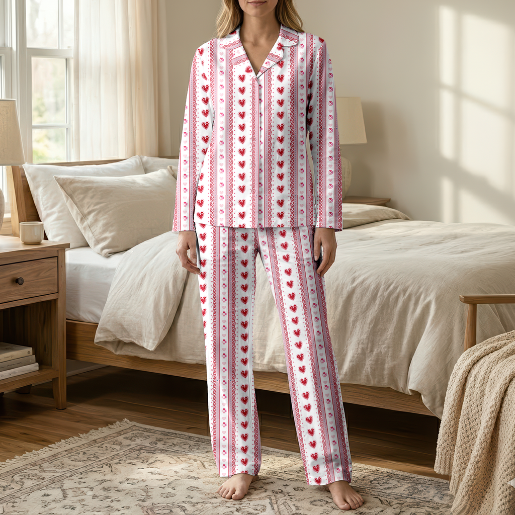Women's Heart Pajama Set - Soft Cotton Jersey Button Down Sleepwear