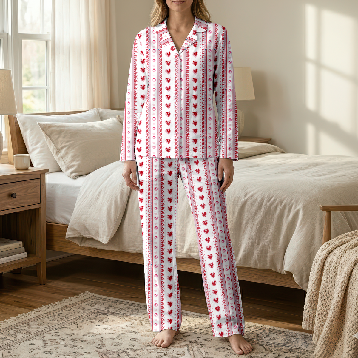 Women's Heart Pajama Set - Soft Cotton Jersey Button Down Sleepwear