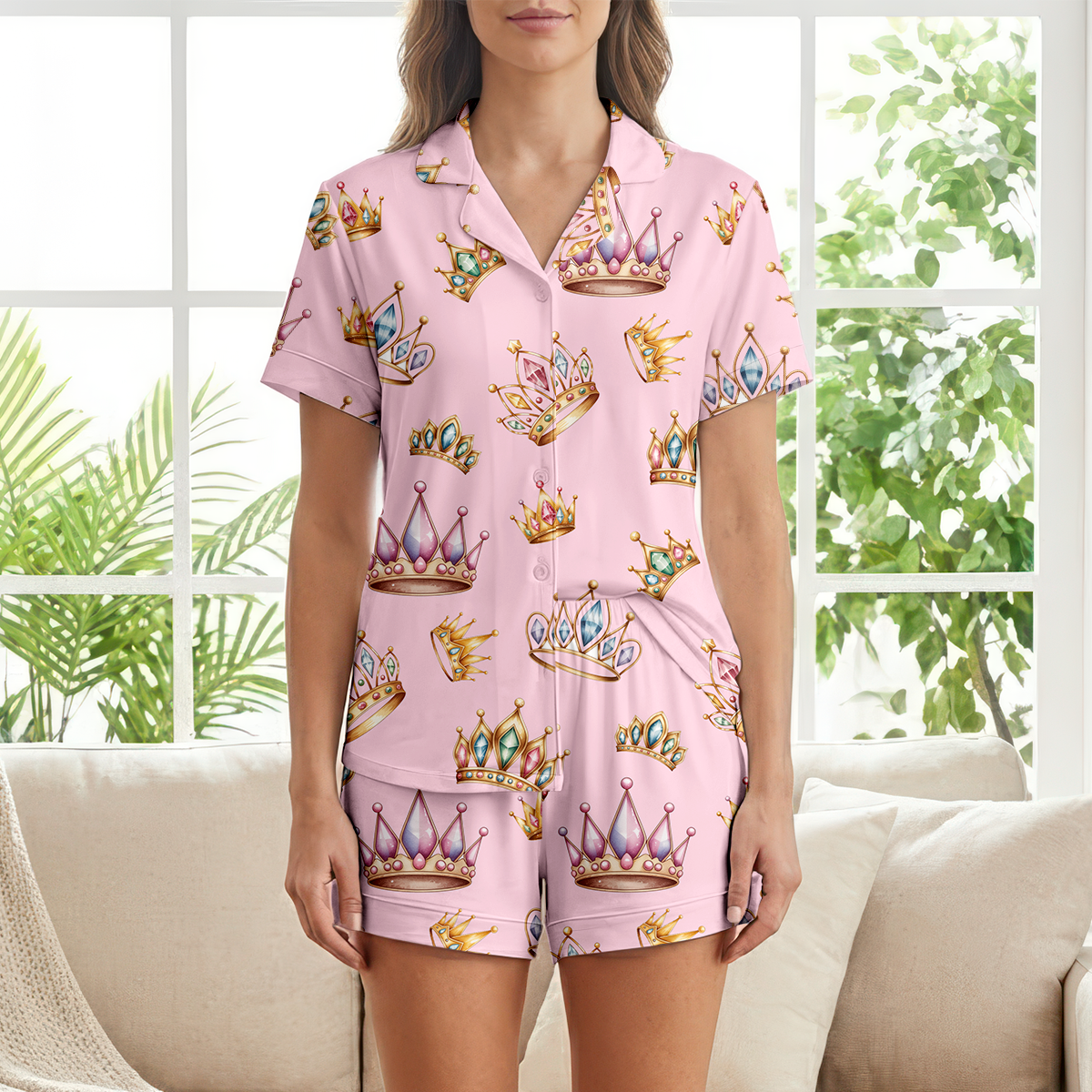 Cute Pink Princess Crown Pajamas for Women | Short Sleeve PJ Set with Pockets