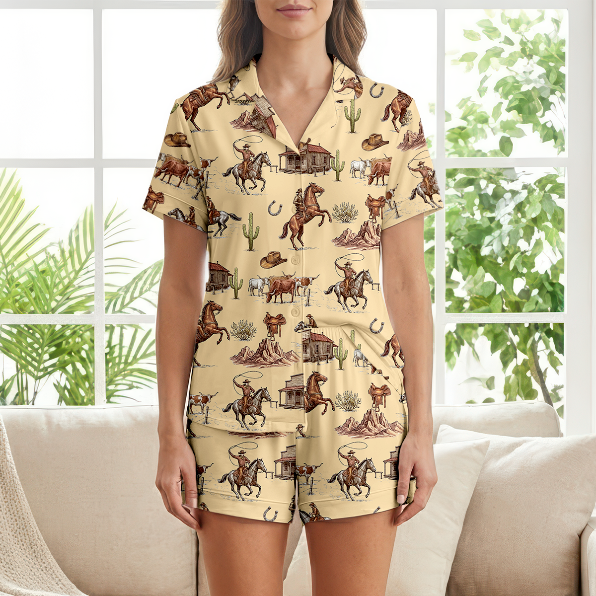 Vintage Western Cowboy Cotton Jersey Pajamas | Rodeo Horse & Cattle Shorts Set
