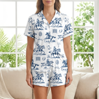 Blue Western Toile Cotton Jersey Pajamas | Vintage Cowboy Shorts Set