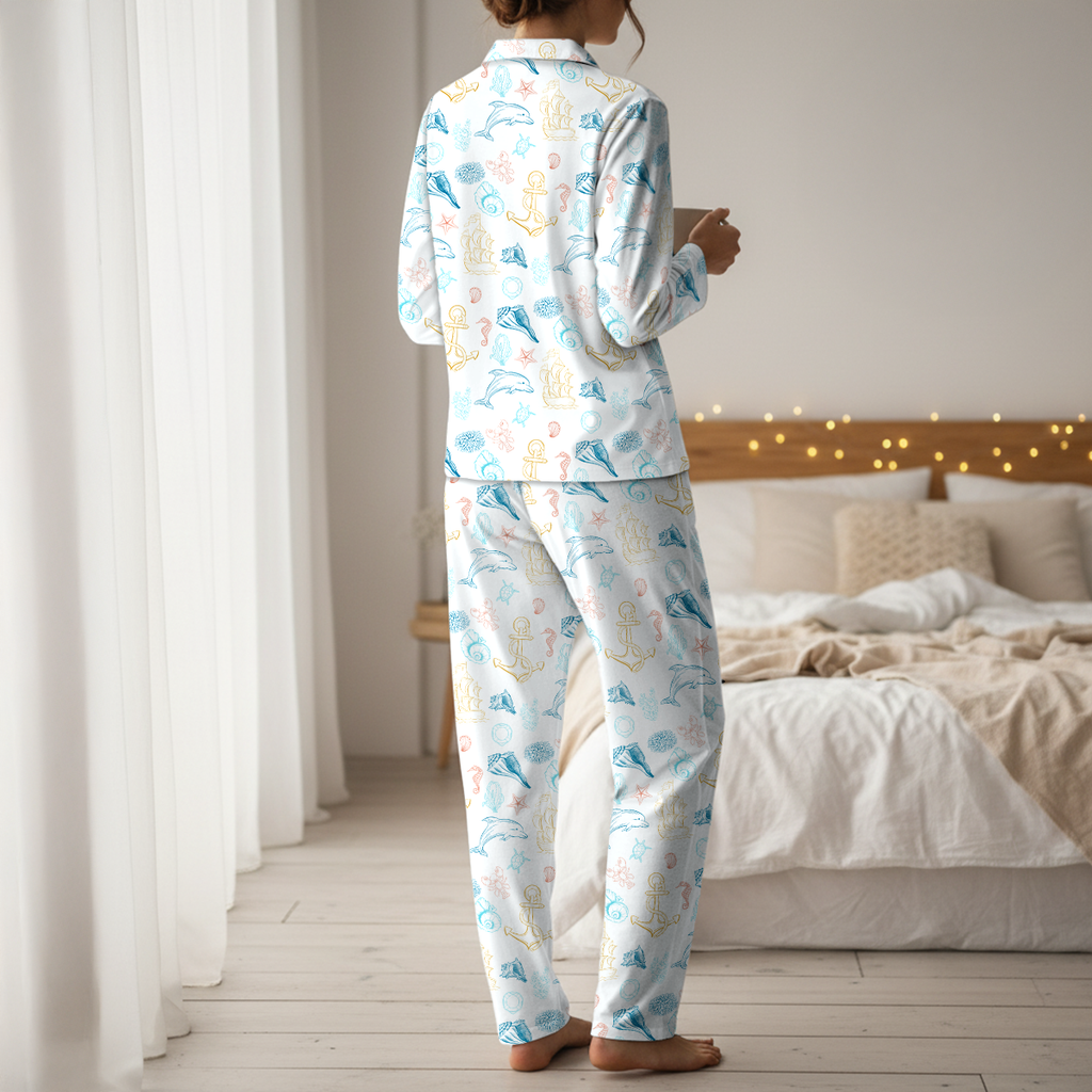 Nautical Ocean Life Cotton Jersey Pajamas | Blue Dolphin & Anchor Pants Set S-5XL