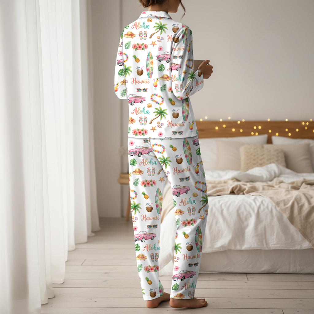 Aloha Hawaii Cotton Jersey Pajamas | Tropical Beach Pink Car Pants Set S-5XL