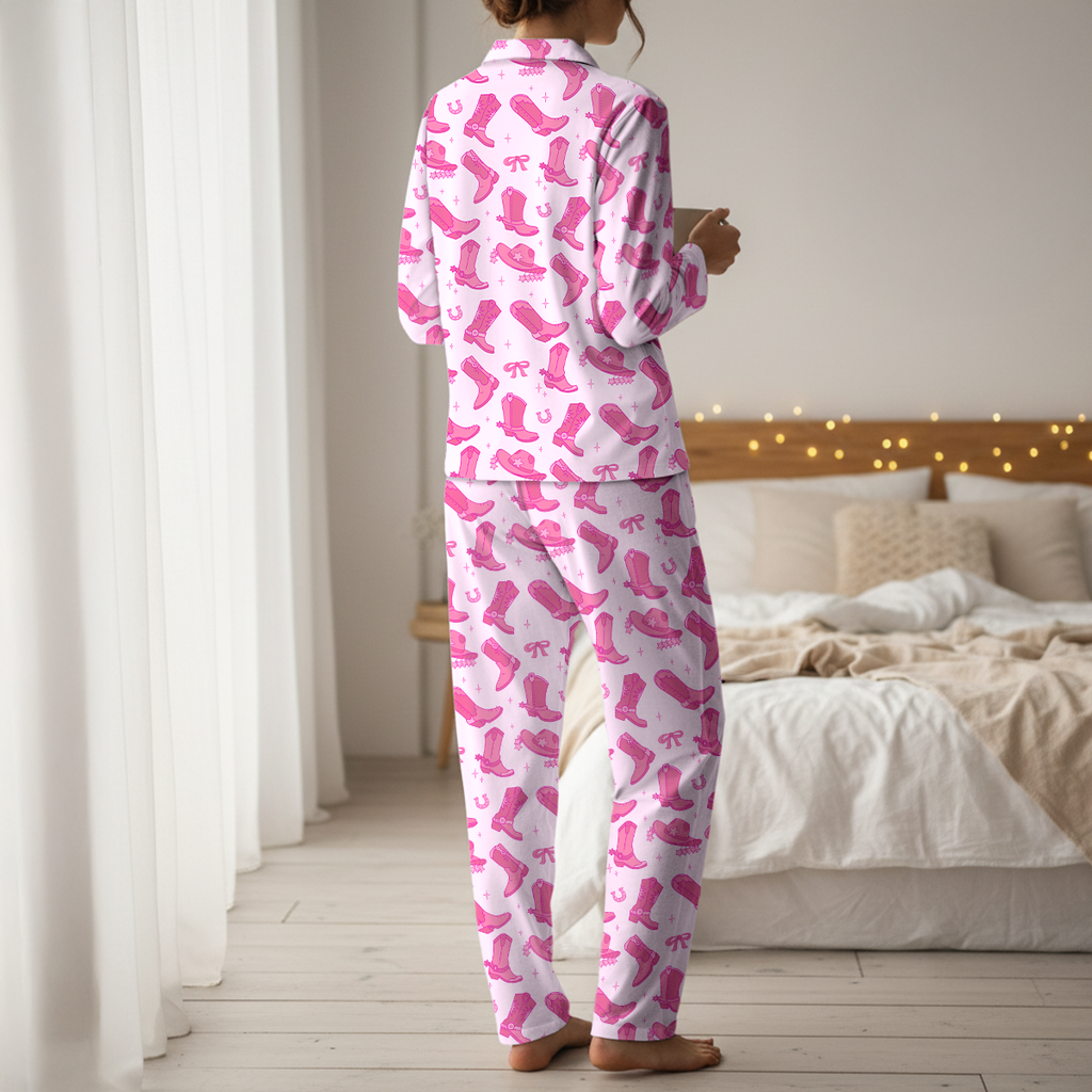 Pink Cowgirl Boots Cotton Jersey Pajamas | Western Country Pants Set S-5XL