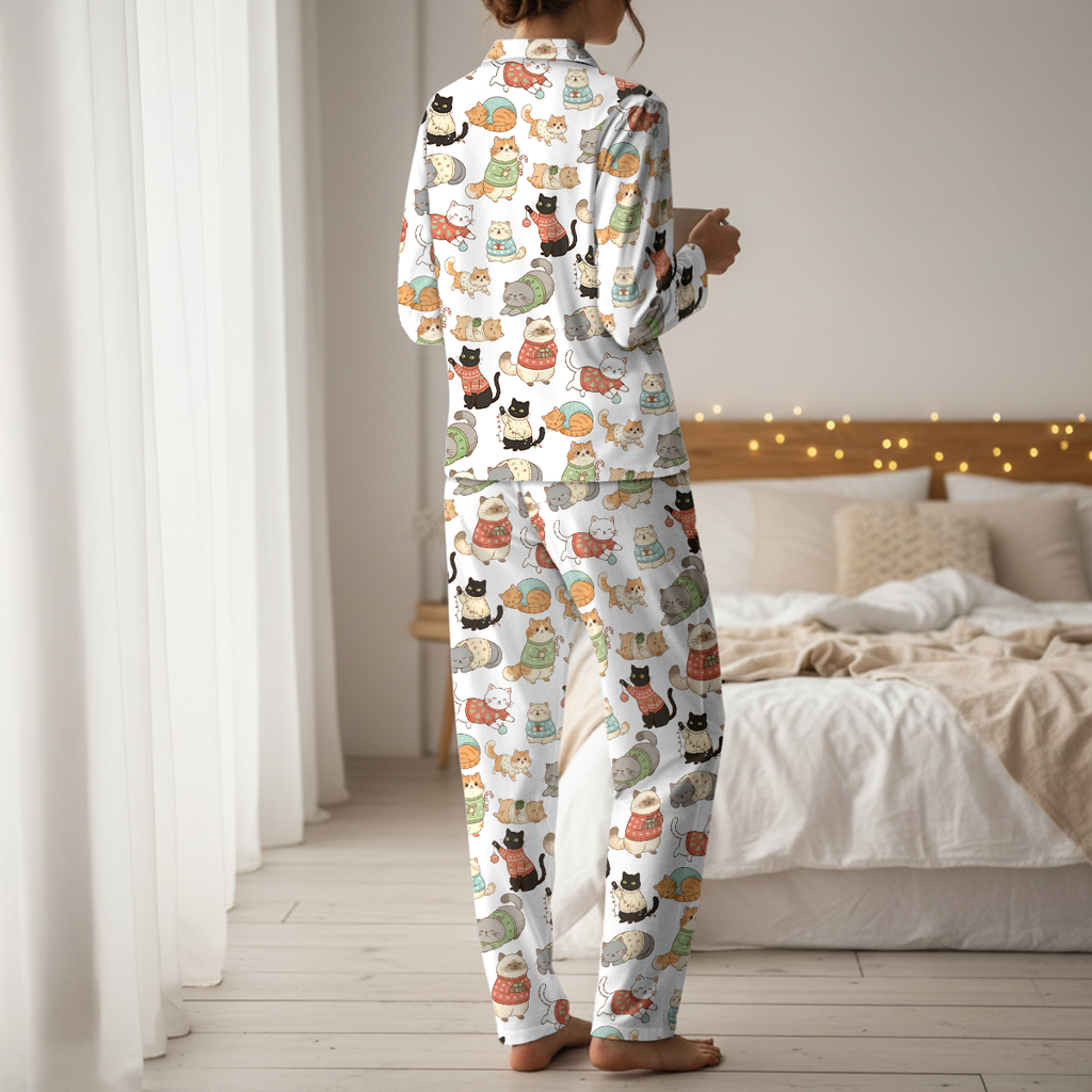 Cozy Christmas Cats Cotton Jersey Pajamas | Holiday Cat Sweaters Pants Set S-5XL