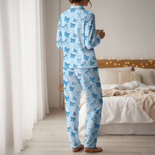 Blue Bows Cotton Jersey Pajamas | Coquette Ribbon Light Blue Pants Set S-5XL