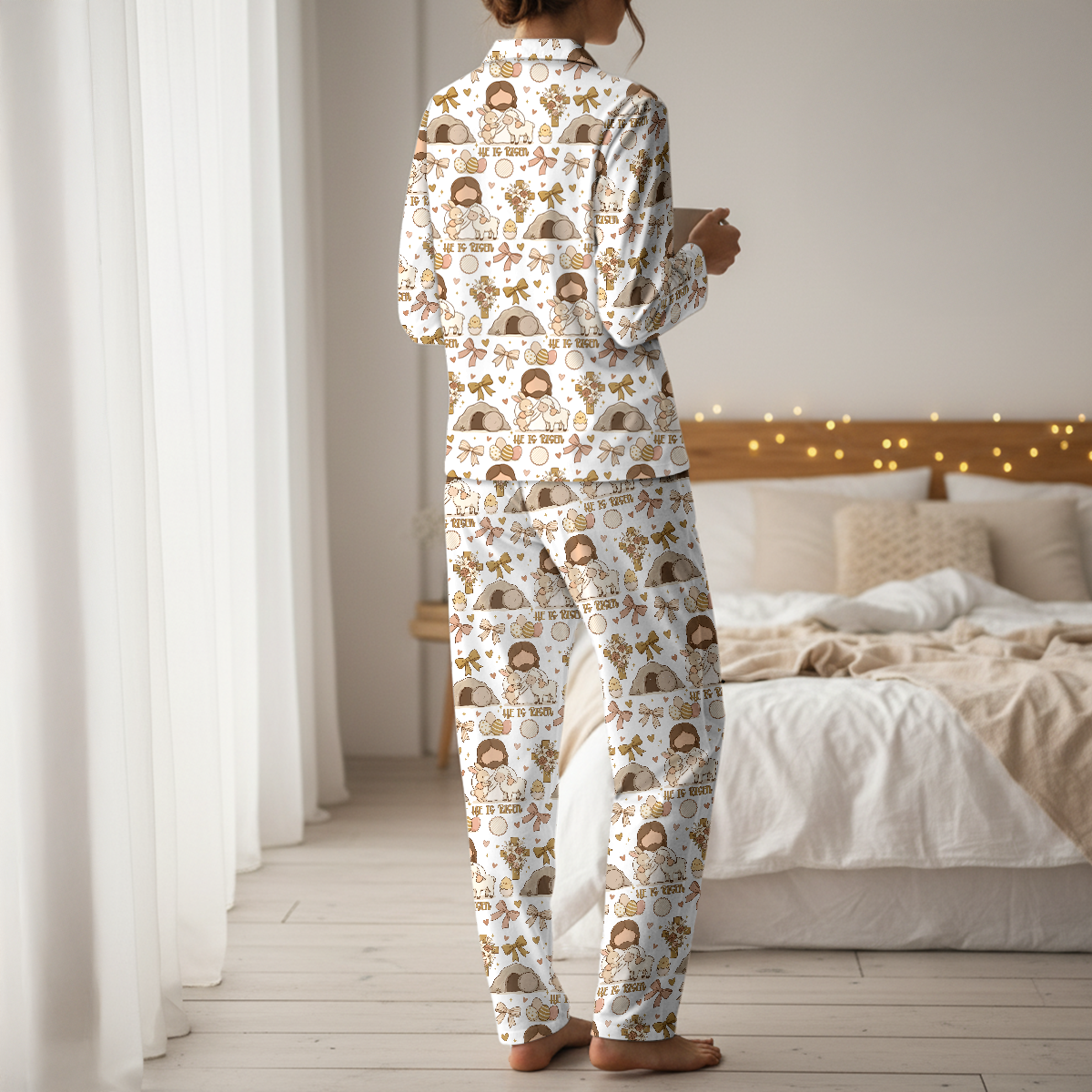 He Is Risen Easter Cotton Jersey Pajamas | Christian Faith Long Sleeve Pants Set S-5XL