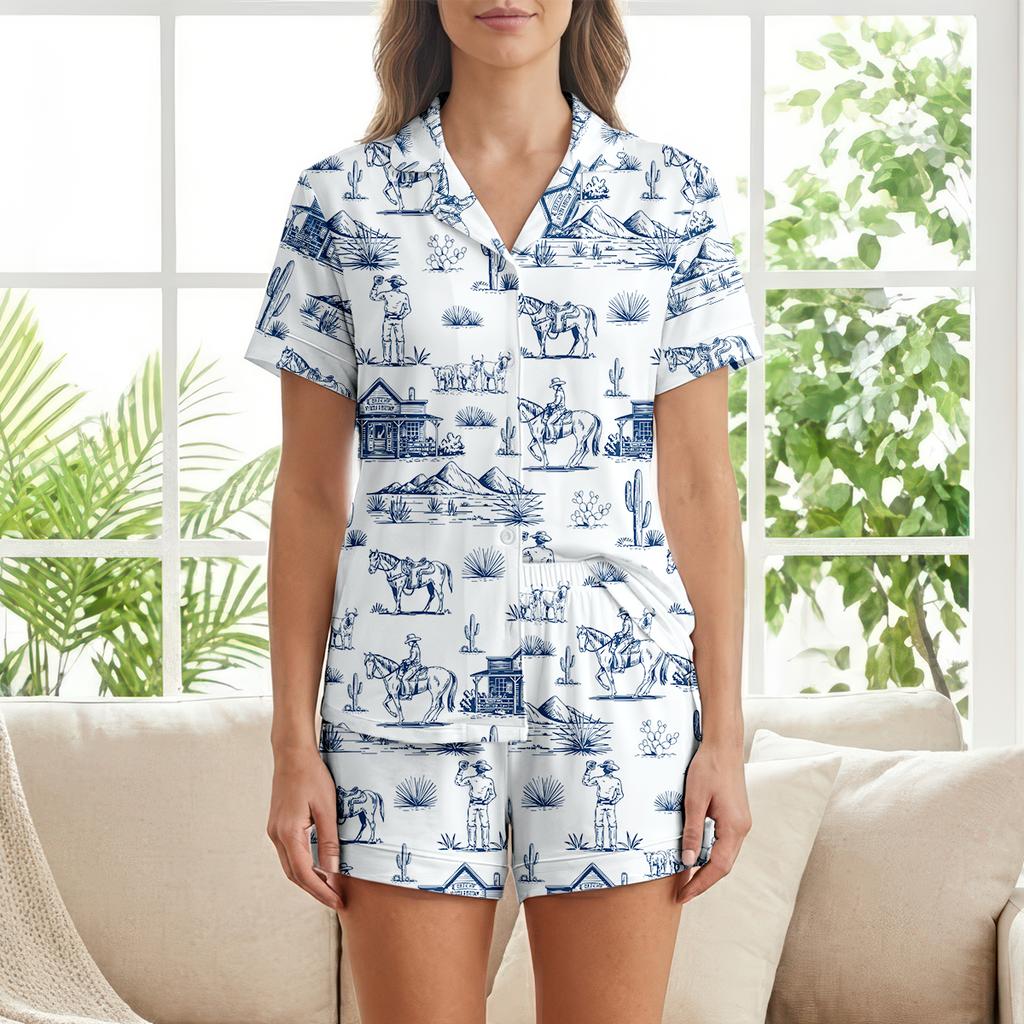 Blue Western Cowboy Toile Cotton Jersey Pajamas | Coastal Cowgirl Shorts Set