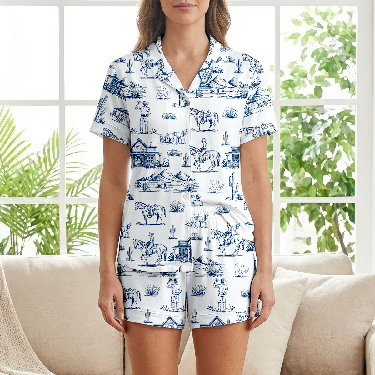 Blue Western Cowboy Toile Cotton Jersey Pajamas | Coastal Cowgirl Shorts Set