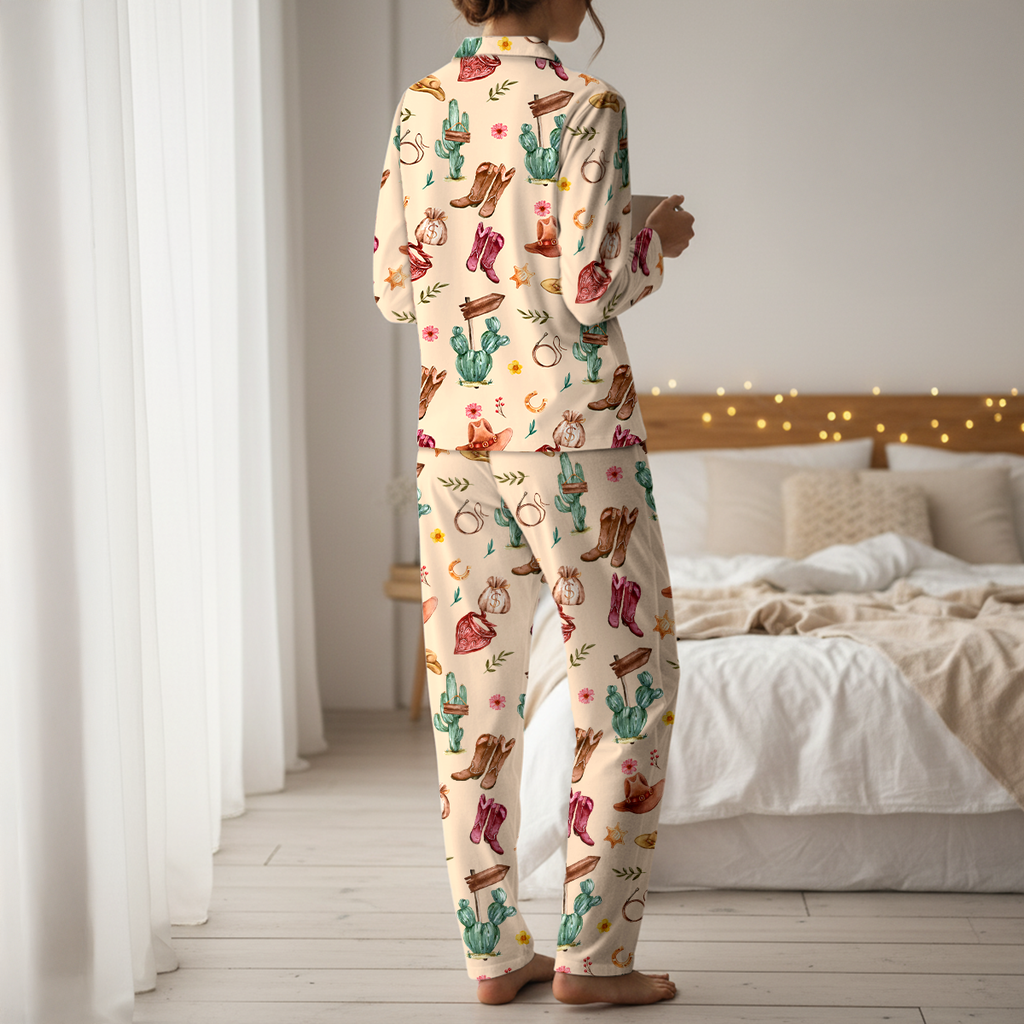 Western Cowgirl Cotton Jersey Pajamas | Pink Boots & Cactus Pants Set S-5XL
