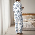 Blue Western Toile Cotton Jersey Pajamas | Vintage Cowboy Pants Set S-5XL