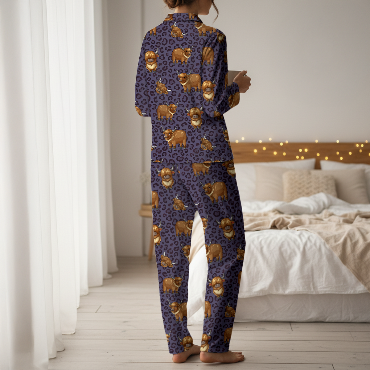 Purple Leopard Highland Cow Cotton Jersey Pajamas | Western Animal Print Pants Set S-5XL