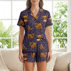 Purple Leopard Highland Cow Cotton Jersey Pajamas | Western Animal Print Shorts Set