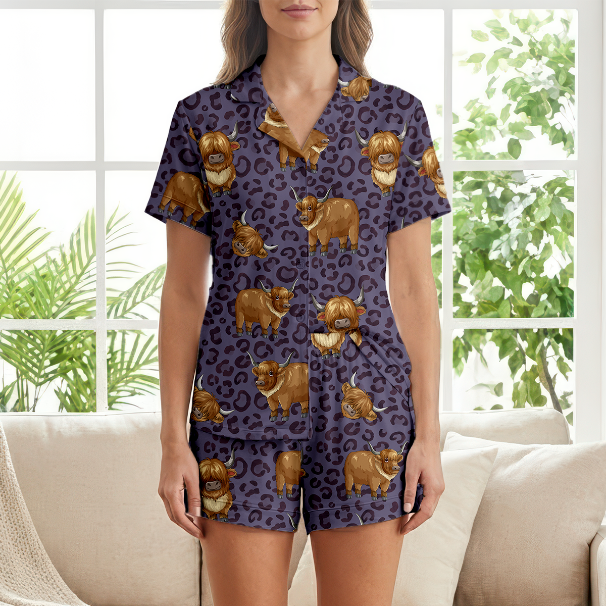 Purple Leopard Highland Cow Cotton Jersey Pajamas | Western Animal Print Shorts Set