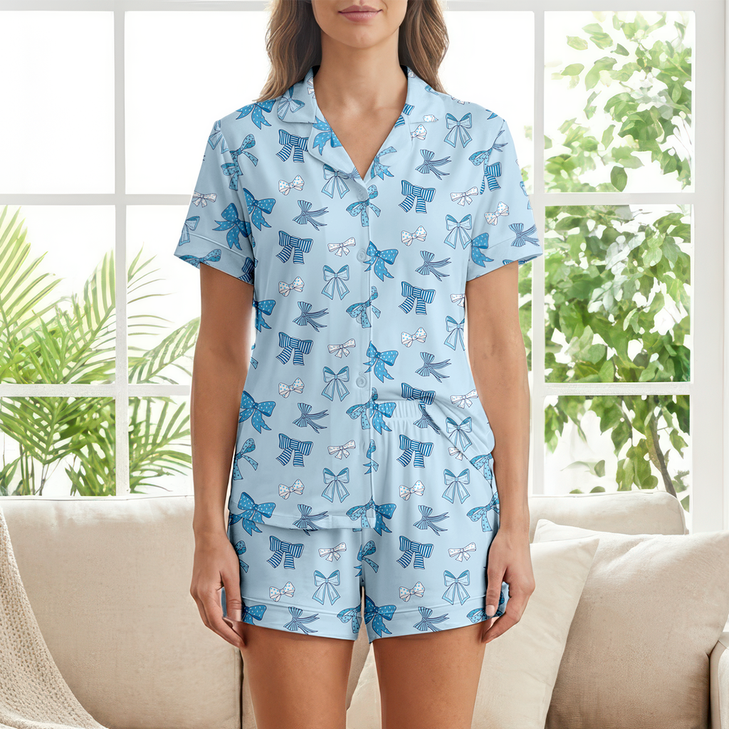 Blue Bows Cotton Jersey Pajamas | Coquette Ribbon Light Blue Shorts Set