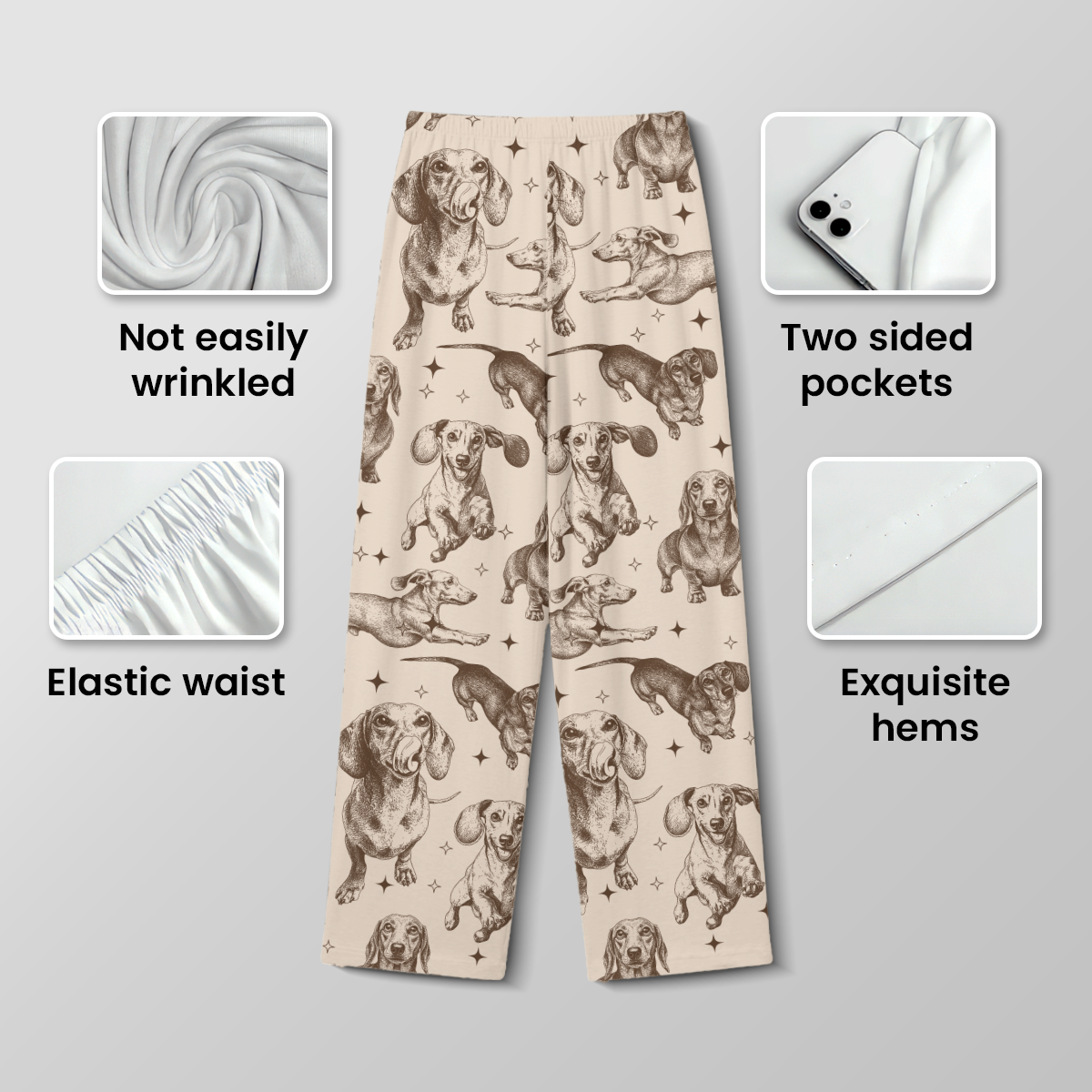 Vintage Dachshund Cotton Jersey Pajamas | Wiener Dog Long Sleeve Pants Set S-5XL