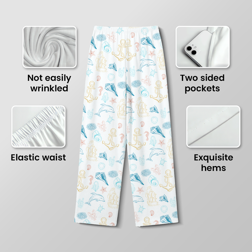 Nautical Ocean Life Cotton Jersey Pajamas | Blue Dolphin & Anchor Pants Set S-5XL